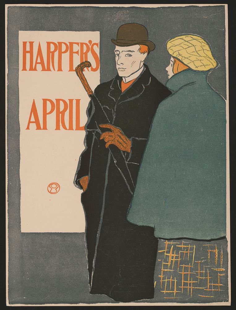 Man with walking stick and woman (1896) print in high resolution by Edward Penfield. 