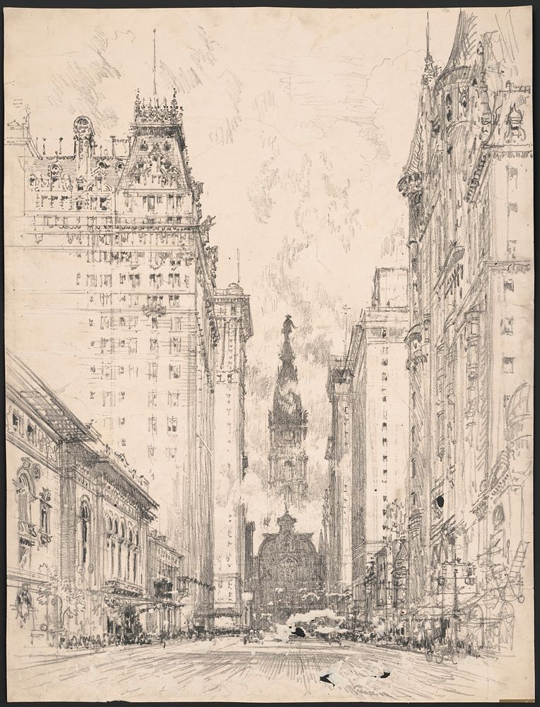 Looking up Broad Street from Spruce Street (ca. 1912-1914) drawing in high resolution by Joseph Pennell.