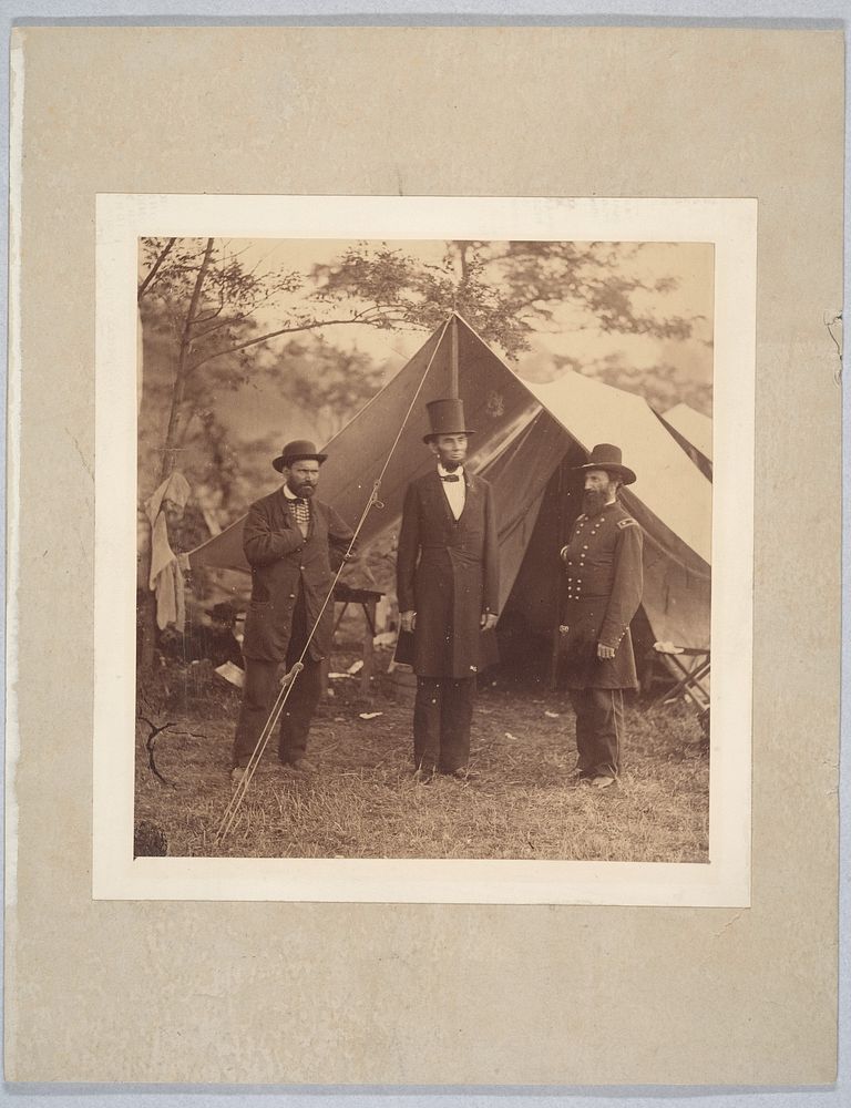 President Abraham Lincoln, Major General John A. McClernand (right), and E. J. Allen (Allan Pinkerton, left), Chief of the…