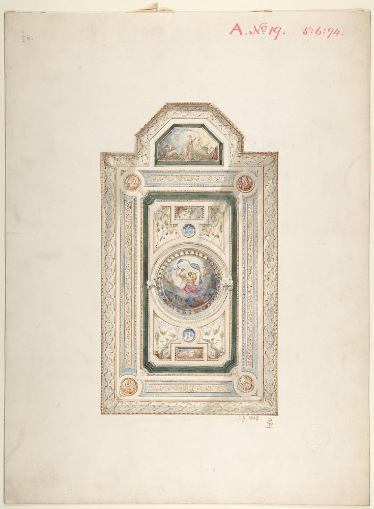 Inscribed drawing with monogram of Sang, of a ceiling design, July 1868 by Frederick Sang