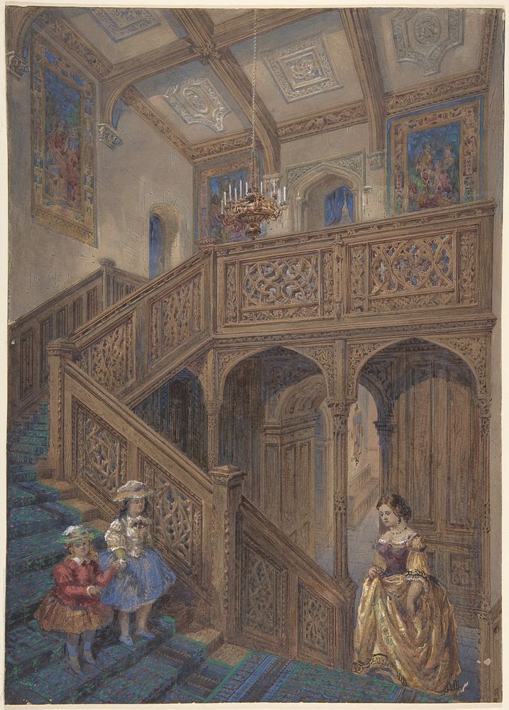 Design for a Jacobean-style Staircase (recto); Architectural Element Design (verso) by Matthew Digby Wyatt
