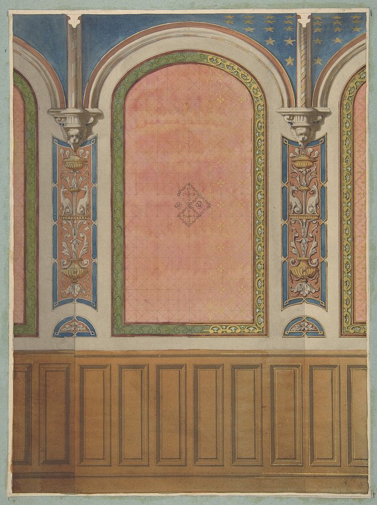 Design for the decoration of wall with wood panels and arched bays by Jules Edmond Charles Lachaise and Eugène Pierre Gourdet