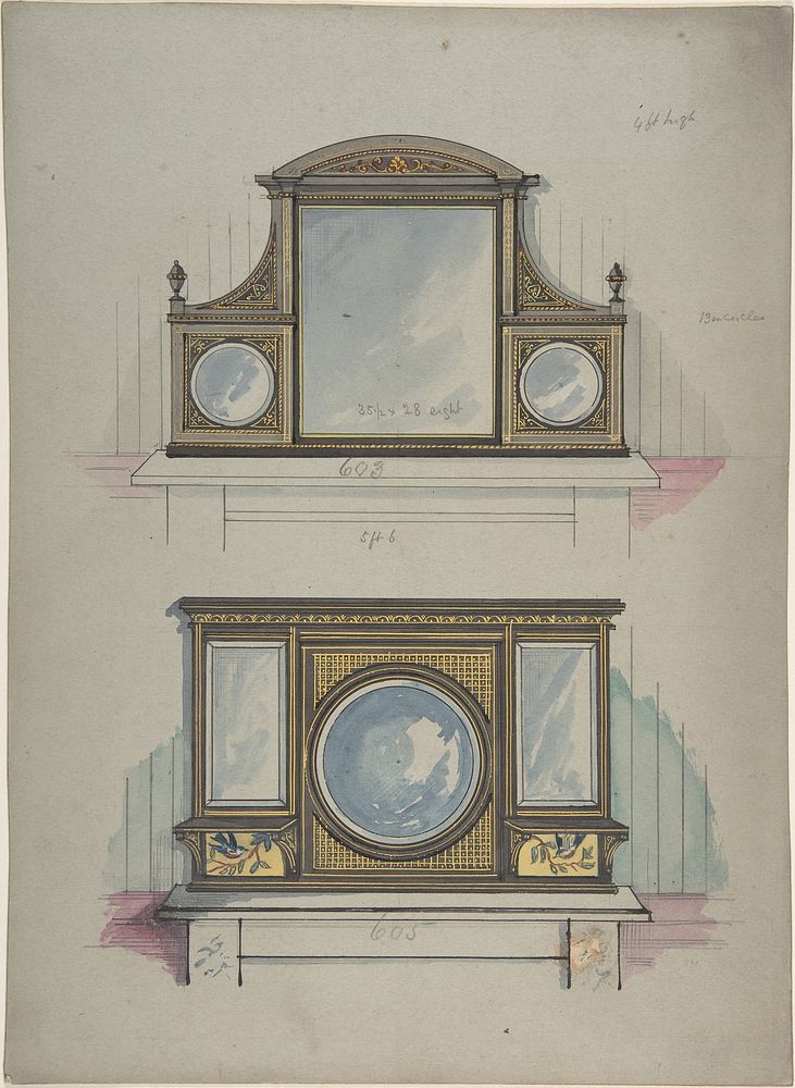 Design for Two Mirrors over Mantels, Anonymous, British, 19th century