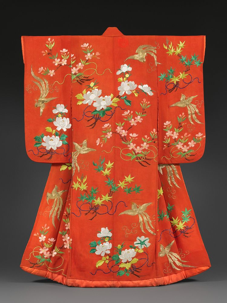 Long-Sleeved Robe (Furisode) with Phoenixes, Cherry Blossoms, Peonies, and Maple Branches