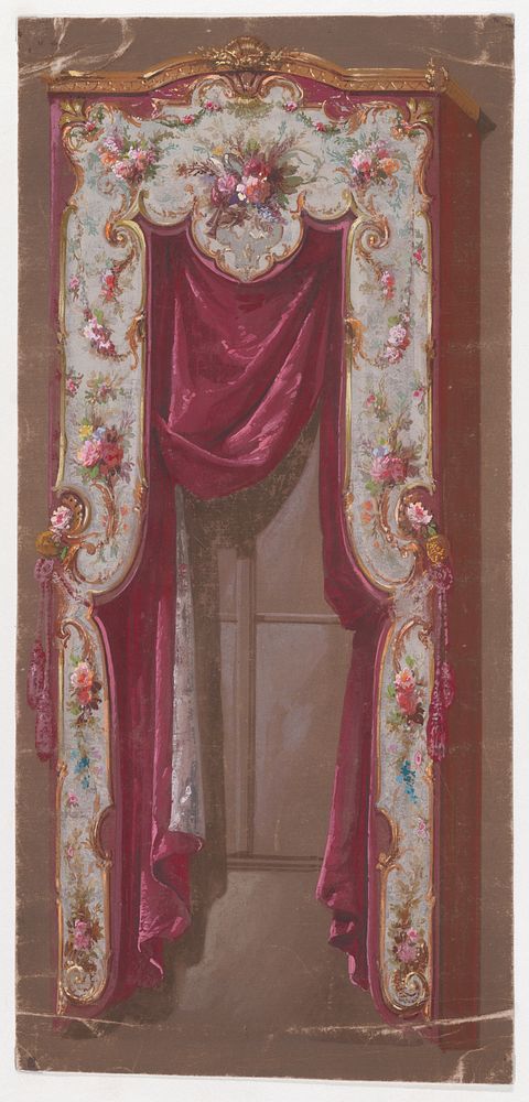Design for a Valance in with Thin Bushes and Garlands of Flowers and a Shell Motif with a Hanging Curtain, Anonymous…