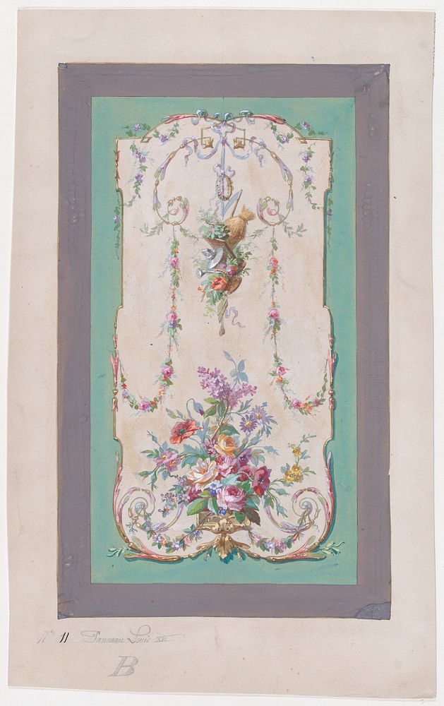 Design for a Panel with a Large Bundle of Flowers and Leaves and a Hanging Thin Bundle Containing Gardening Tools Inside an…