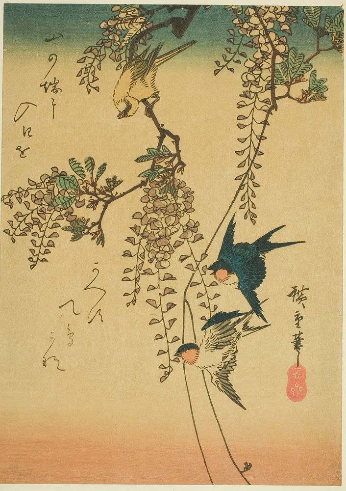 Swallow, yellow bird, and wisteria by Utagawa Hiroshige