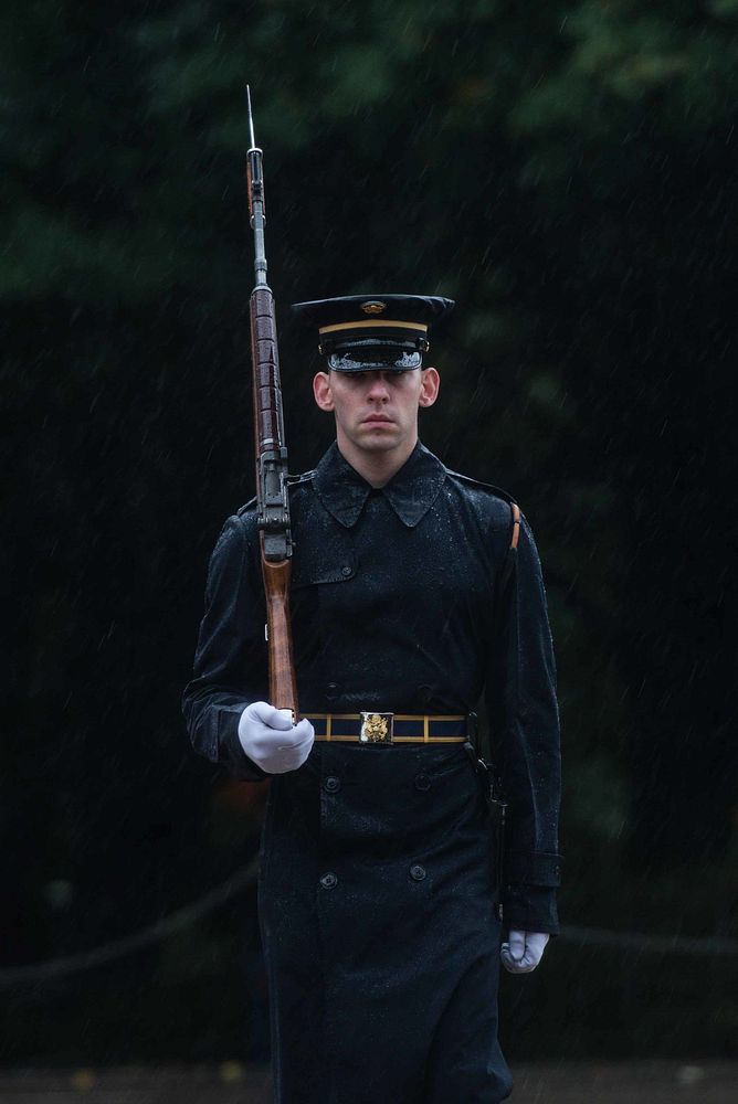 Undeterred by stormy weather, the Tomb Sentinels of the 3rd U.S. Infantry Regiment (The Old Guard) continue to hold vigil…