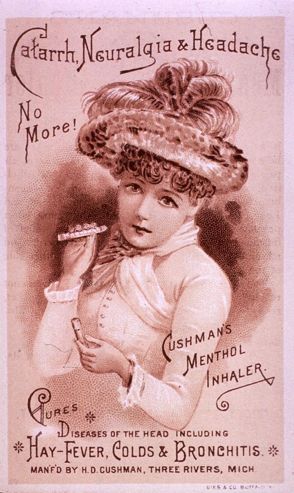 Catarrh, neuralgia & headache no more! Advertisement for Cushman's Menthol Inhaler featuring a woman holding the inhaler…