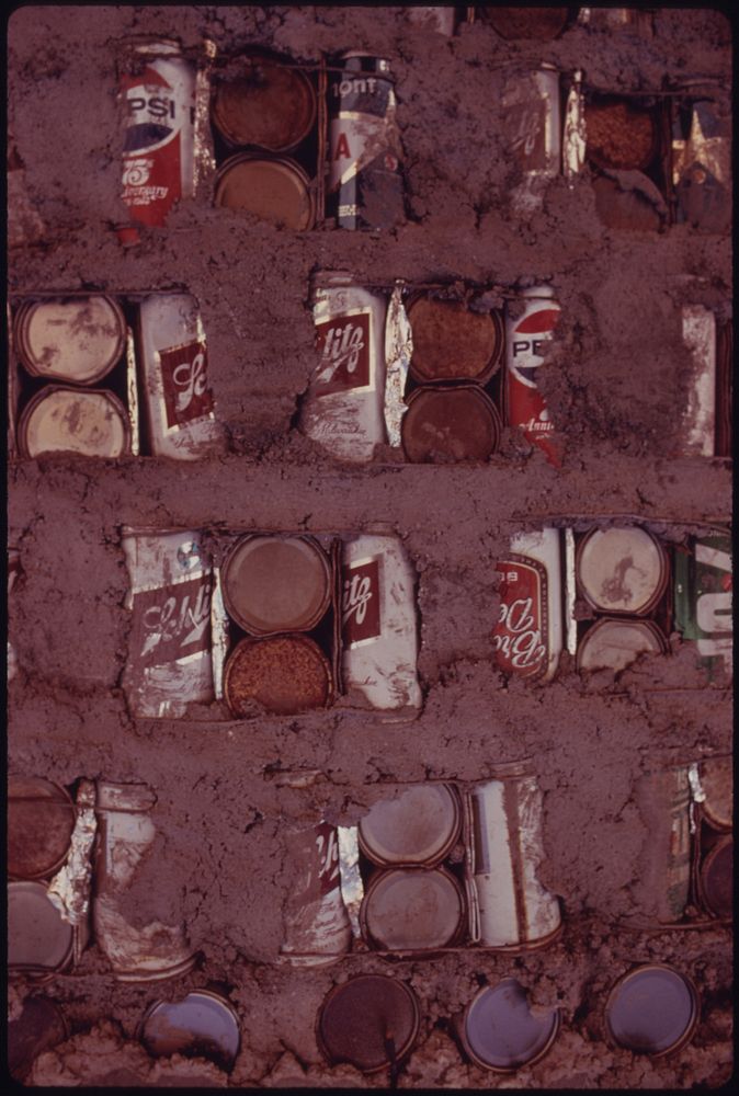 One Example of Wall Construction in Experimental Housing Using Empty Steel Beer and Soft Drinks Cans near Taos, New Mexico…