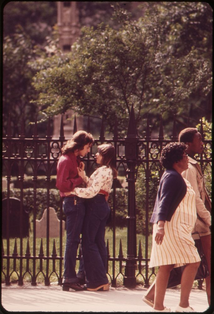 Springtime Scene by the Fence outside Historic Trinity Church at Broadway and Wall Street, Lower Manhattan 05/1973.…