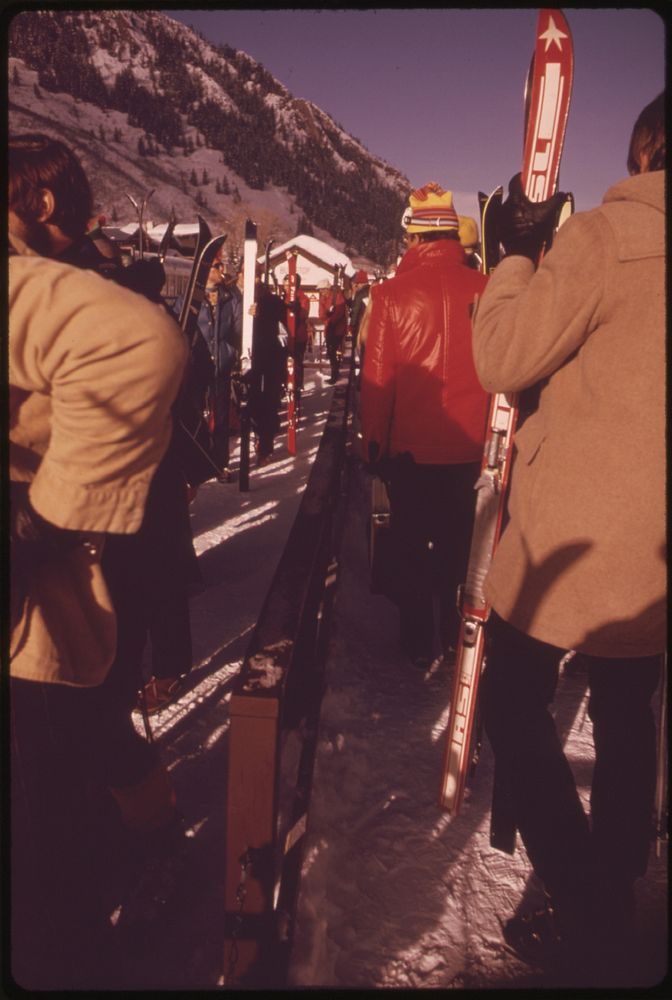 Skiers Waiting for the Free Shuttle Bus That Goes between the Aspen and Snowmass Ski Areas 01/1974. Photographer: Hoffman…