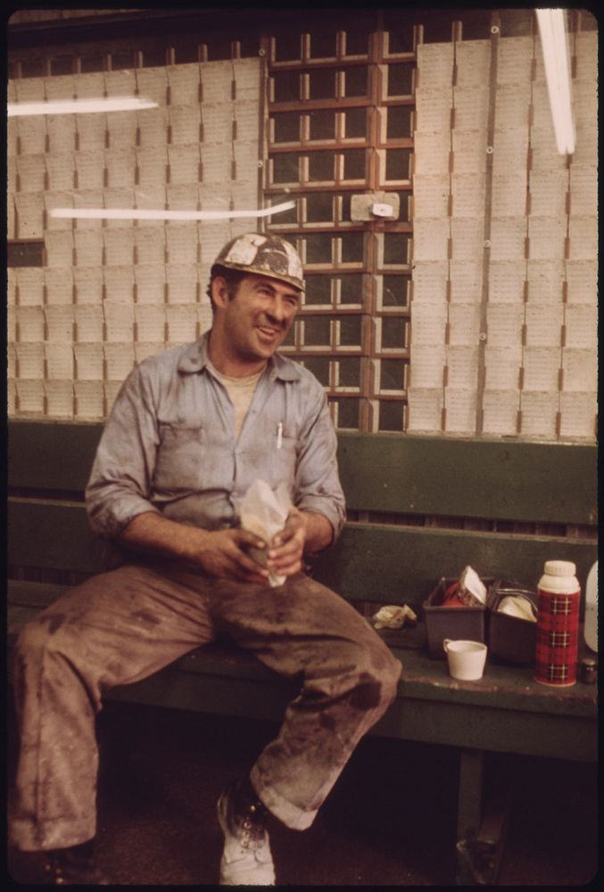 Miner Spreads His Lunch Out on a Bench in the Shower and Time Card Room of the Virginia-Pocahontas Coal Company Mine #3 near…