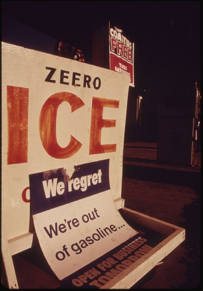 "Zero Ice" and "Out of Gas" Signs at Sherwood, During the Fuel Crisis of 1973-74 Result in Unintended Irony 12/1973.…