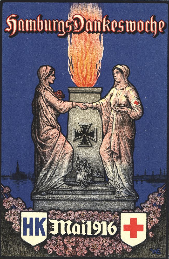 Hamburgs Dankeswoche. A color postcard featuring two women on the steps of a war memorial that has iron cross. The iron…