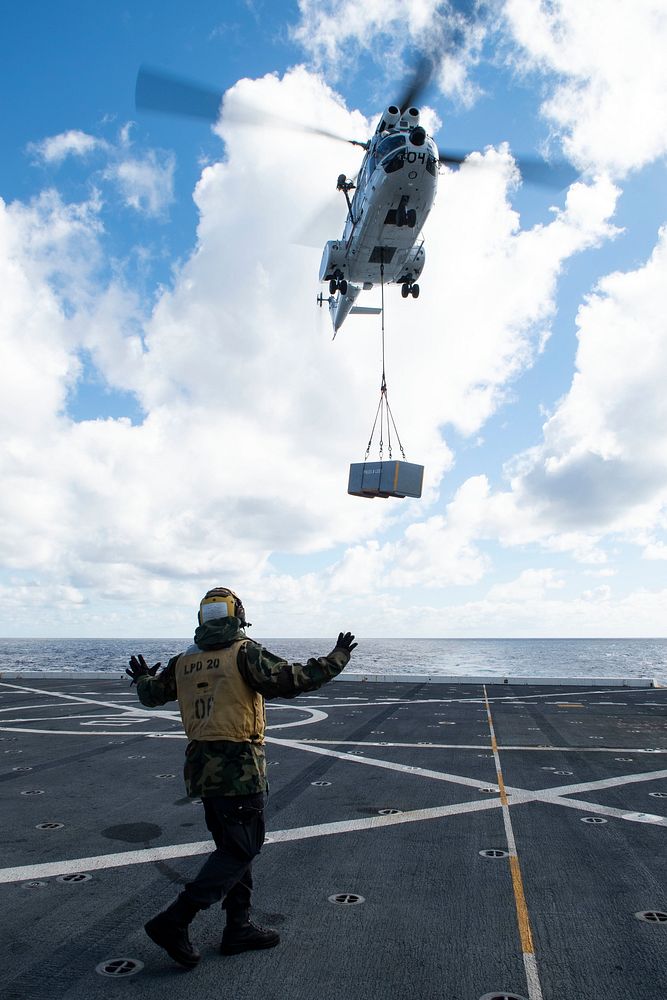 U.S. Navy Aviation Boatswain’s Mate (Handling) 3rd Class Deon Sanders, from New York, signals to an SA-330 Puma helicopter…