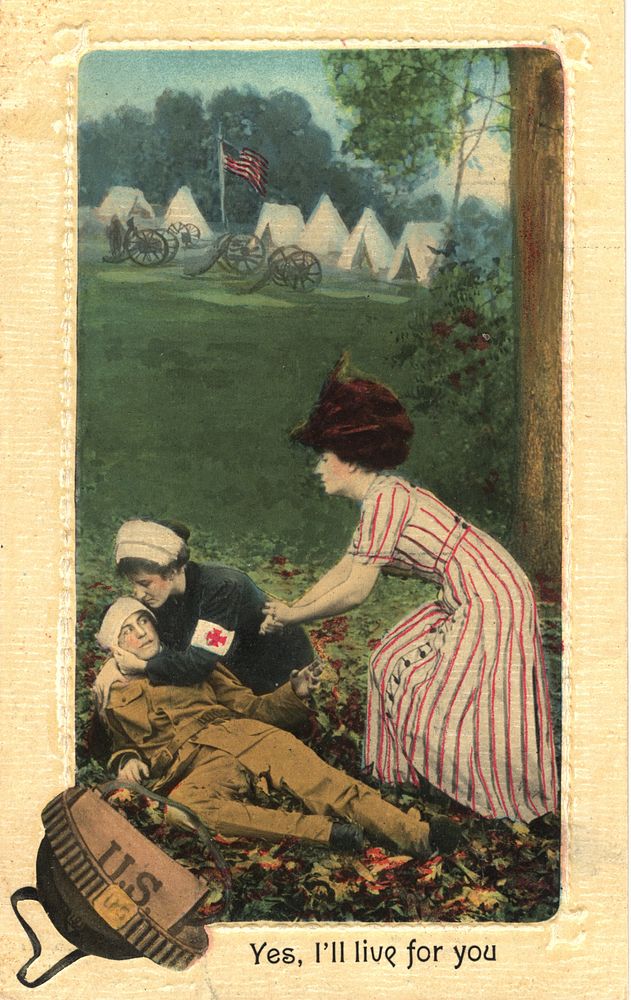 Yes, I'll live for you. Color illustration of a nurse supporting a wounded soldier's head as he is lying in a field. He is…