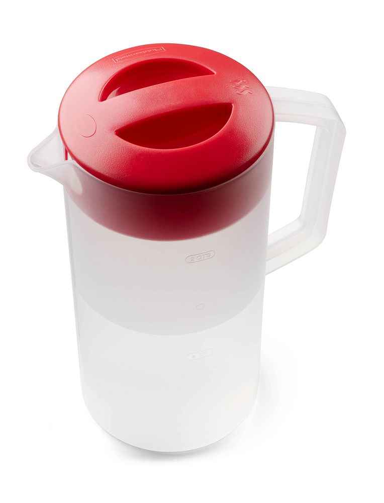 2 quart clear pitcher of water with red lid.