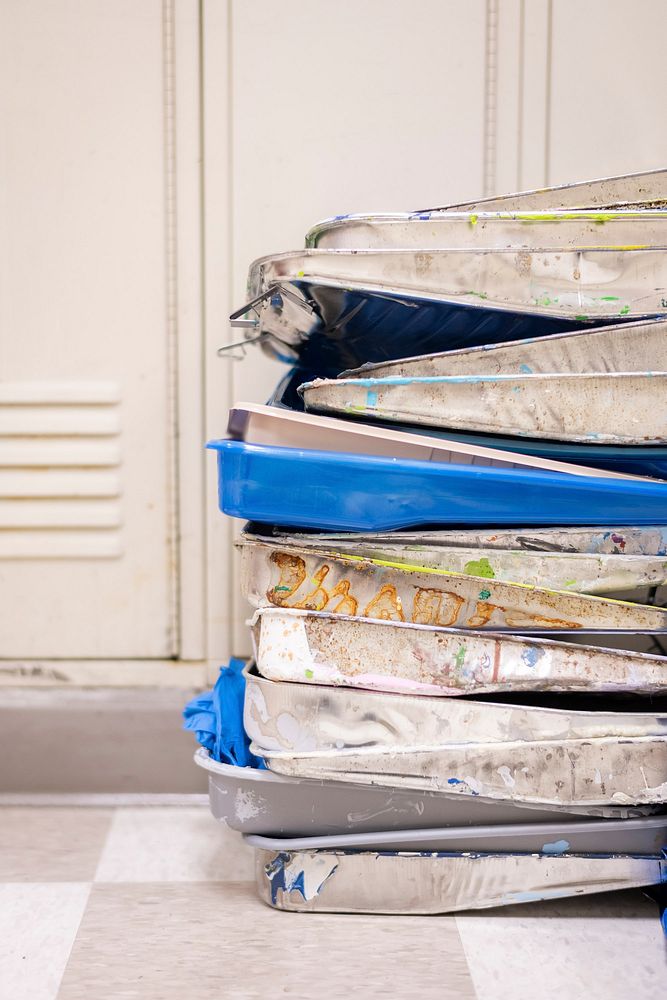 Stacked paint trays, renovation.