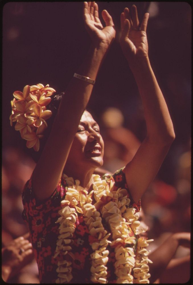 Hawaiian shows tourists how to do the hula dance, October 1973. Photographer: O'Rear, Charles. Original public domain image…
