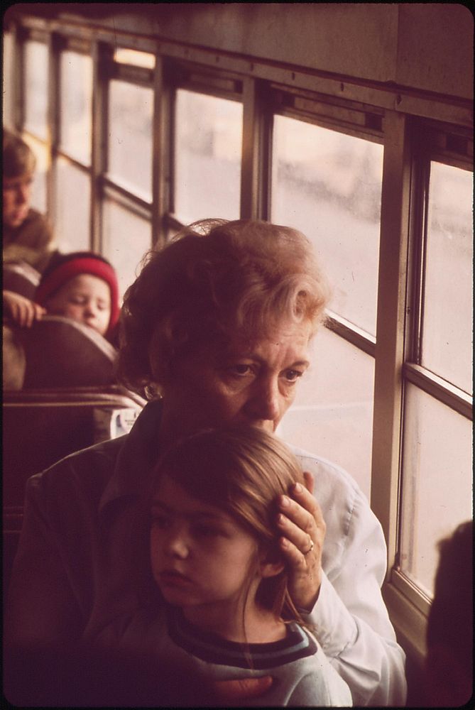A Worried Mother And Her Child Leave Louisville By Bus When The City Was Evacuated, March 1972. Photographer: Strode…