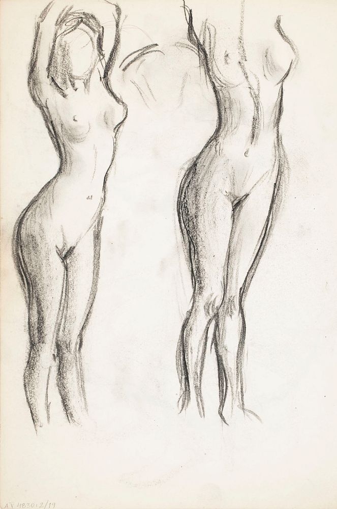 Kadet ylos kohottanut alaston nainen, kaksi hiilipiirrosta, 1904part of a sketchbook by Hugo Simberg