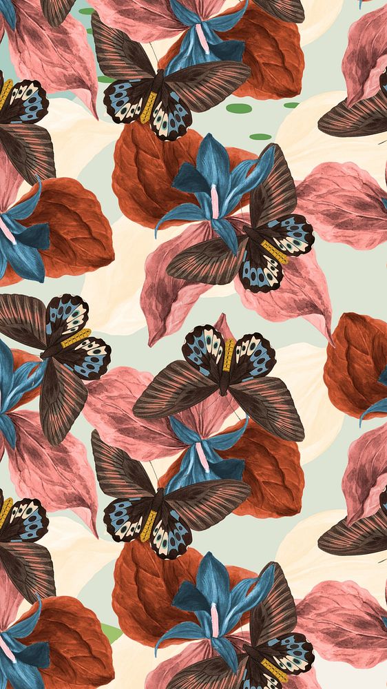 Butterfly seamless pattern mobile wallpaper, exotic nature background remix from The Naturalist's Miscellany by George Shaw