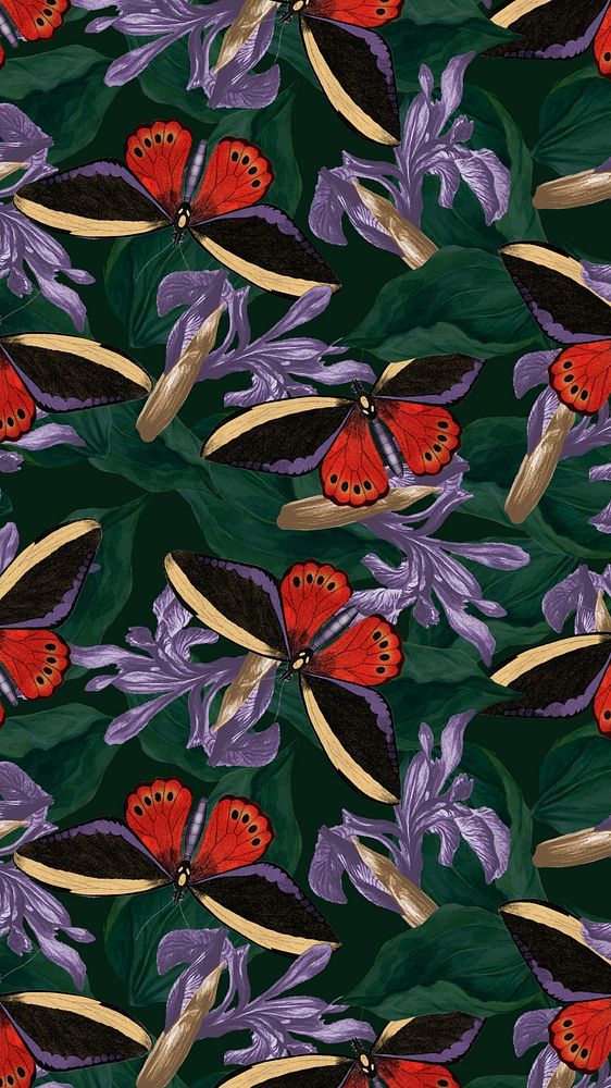 Seamless butterfly pattern iPhone wallpaper, vintage exotic nature remix from The Naturalist's Miscellany by George Shaw