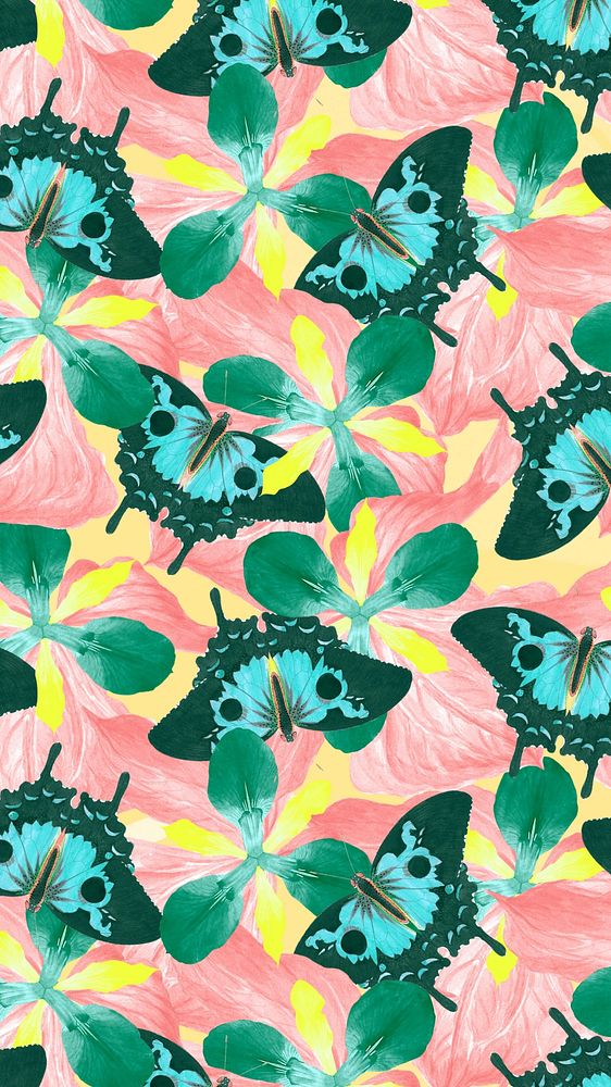 Seamless butterfly pattern mobile wallpaper, exotic nature remix from The Naturalist's Miscellany by George Shaw