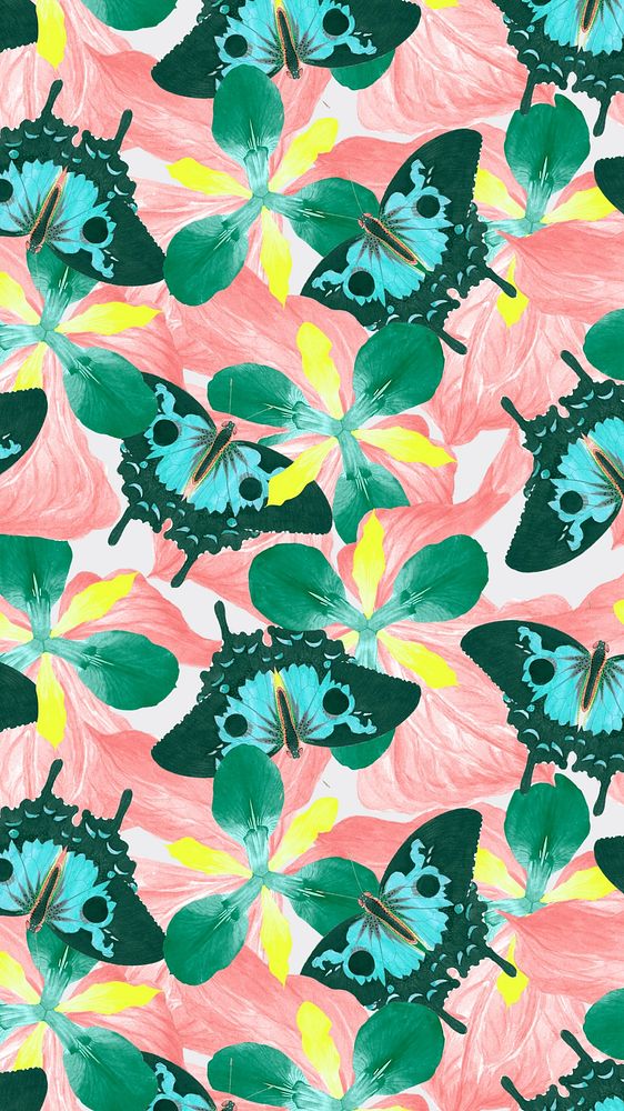 Seamless butterfly patterned iPhone wallpaper, vintage botanical remix from The Naturalist's Miscellany by George Shaw