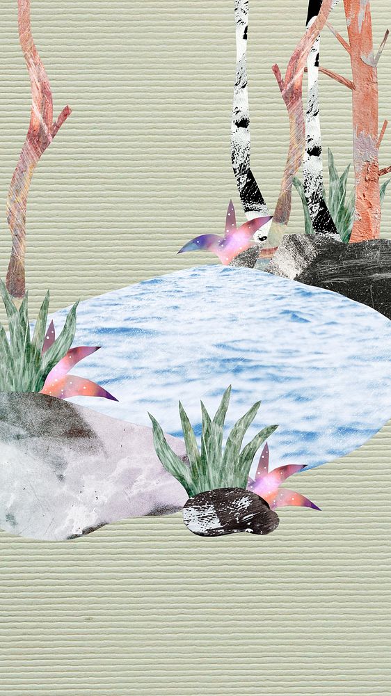 Aesthetic pond iPhone wallpaper, nature collage background