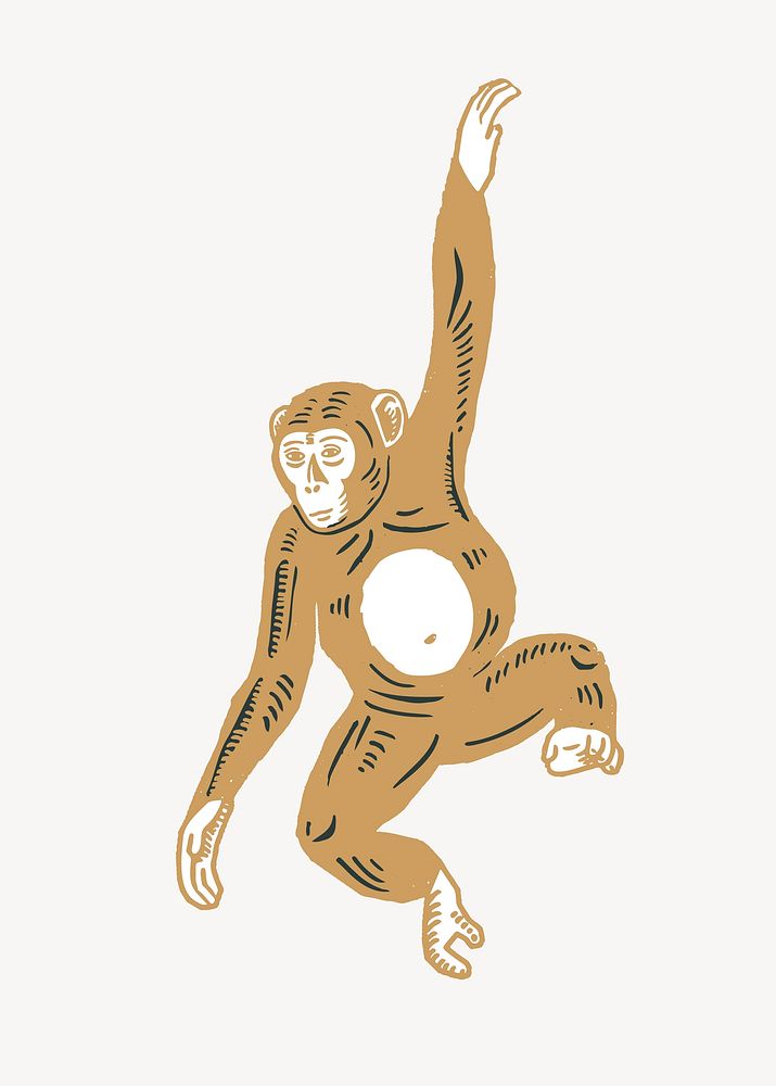 Brown monkey illustration collage element, animal design vector