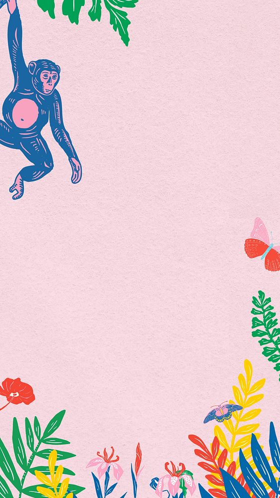 Monkey botanical pink phone wallpaper, animal illustration