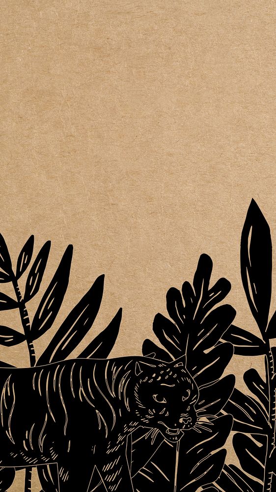 Tiger botanical brown phone wallpaper, animal illustration