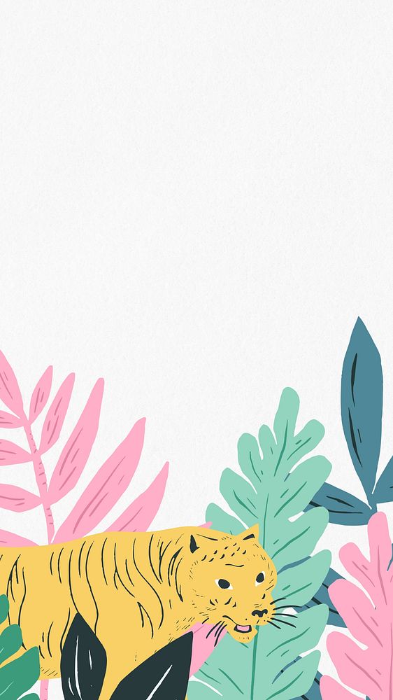 Botanical tiger phone wallpaper, animal illustration