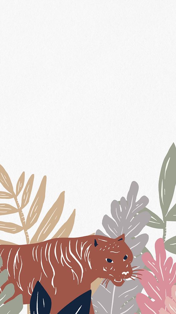 Botanical tiger iPhone wallpaper, animal illustration