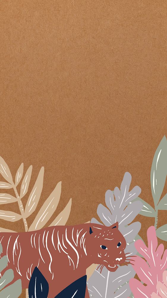 Botanical tiger brown phone wallpaper, animal illustration