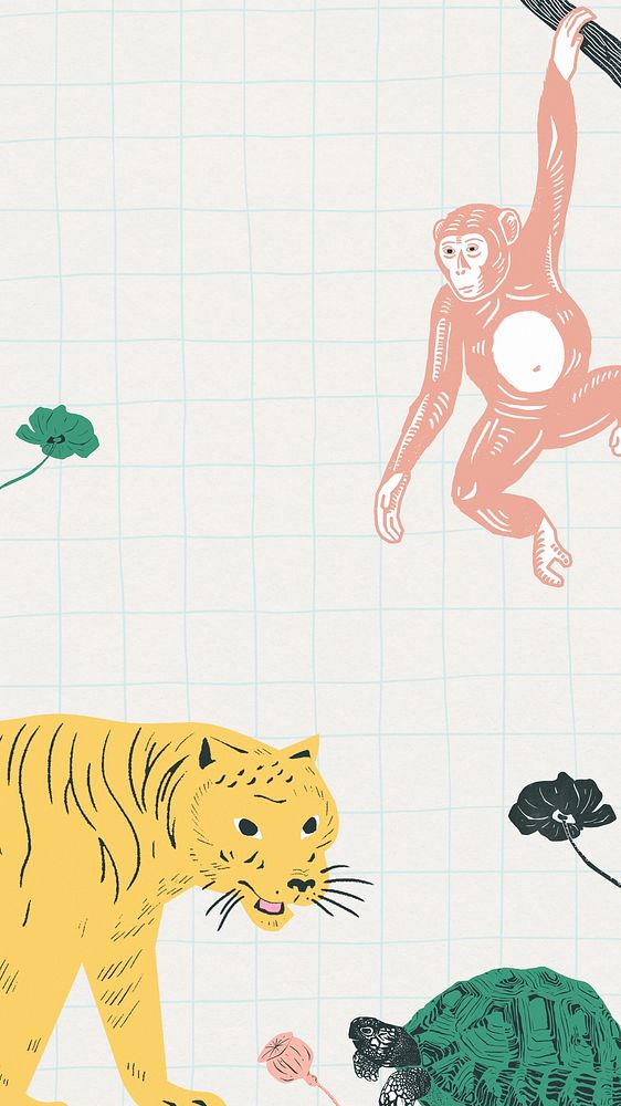 Tiger monkey grid mobile wallpaper, animal illustration