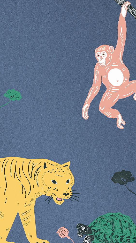 Tiger monkey blue phone wallpaper, animal illustration