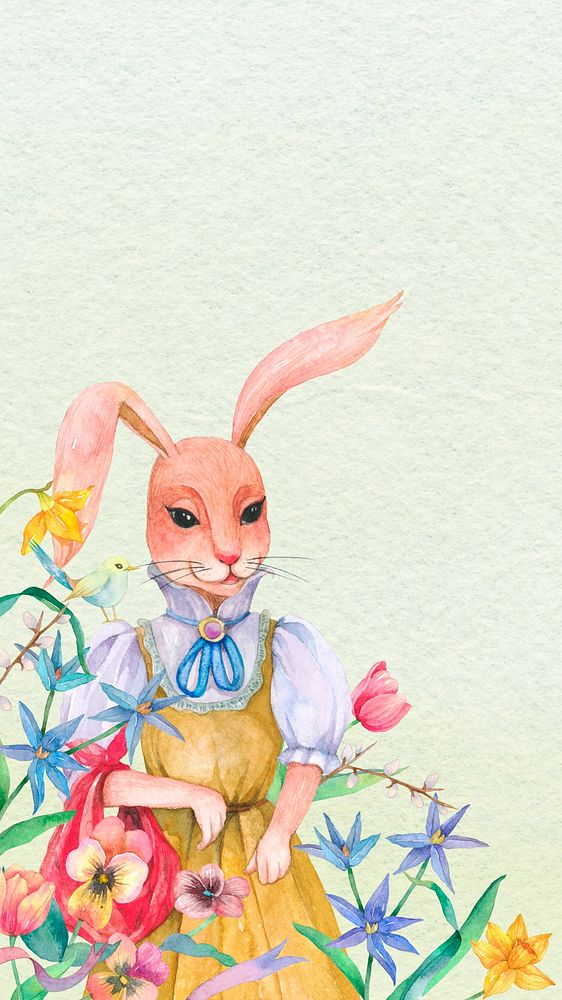 Spring rabbit character mobile wallpaper, watercolor illustration