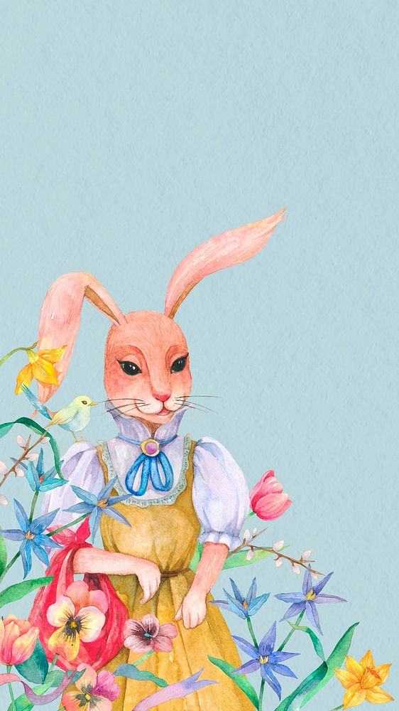 Female rabbit character background, vintage watercolor illustration