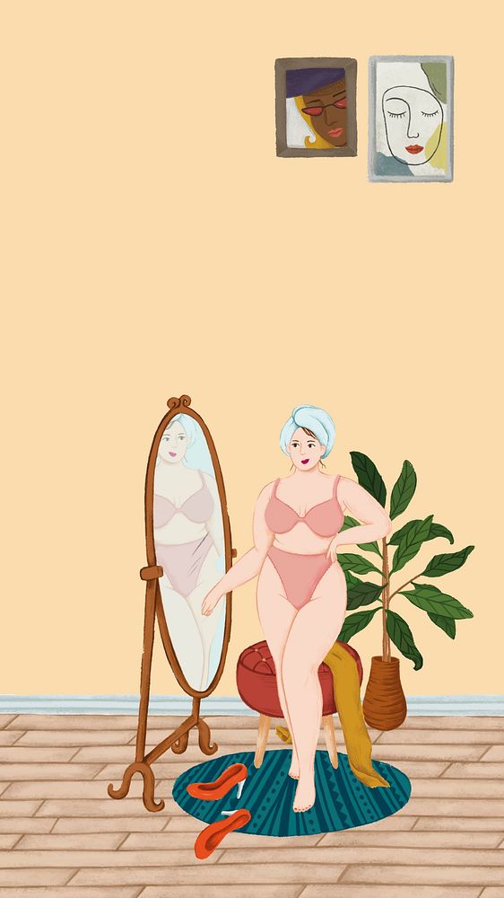 Aesthetic self-love iPhone wallpaper, woman looking at mirror illustration
