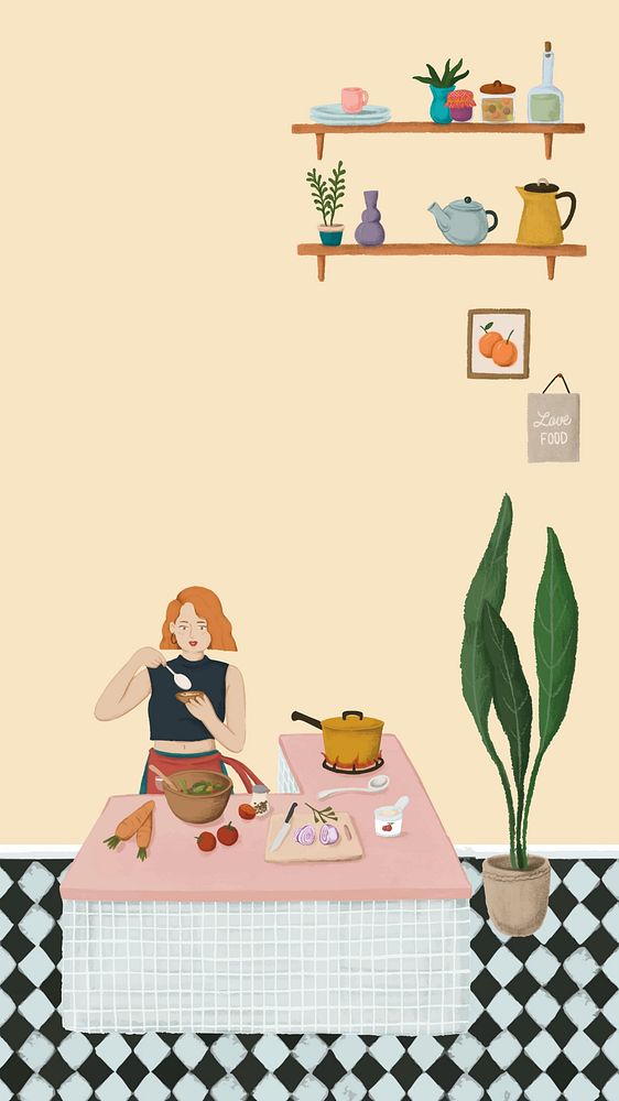 Cooking woman phone wallpaper, feminine illustration
