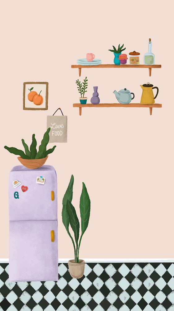 Aesthetic kitchen fridge phone wallpaper, home interior illustration