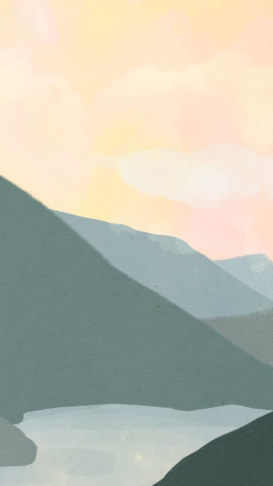 Mountain sunset view phone wallpaper, aesthetic nature illustration