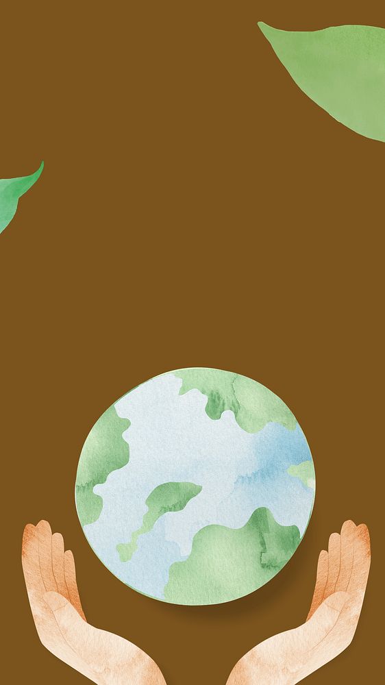 Earth day iPhone wallpaper, watercolor globe & hands illustrations