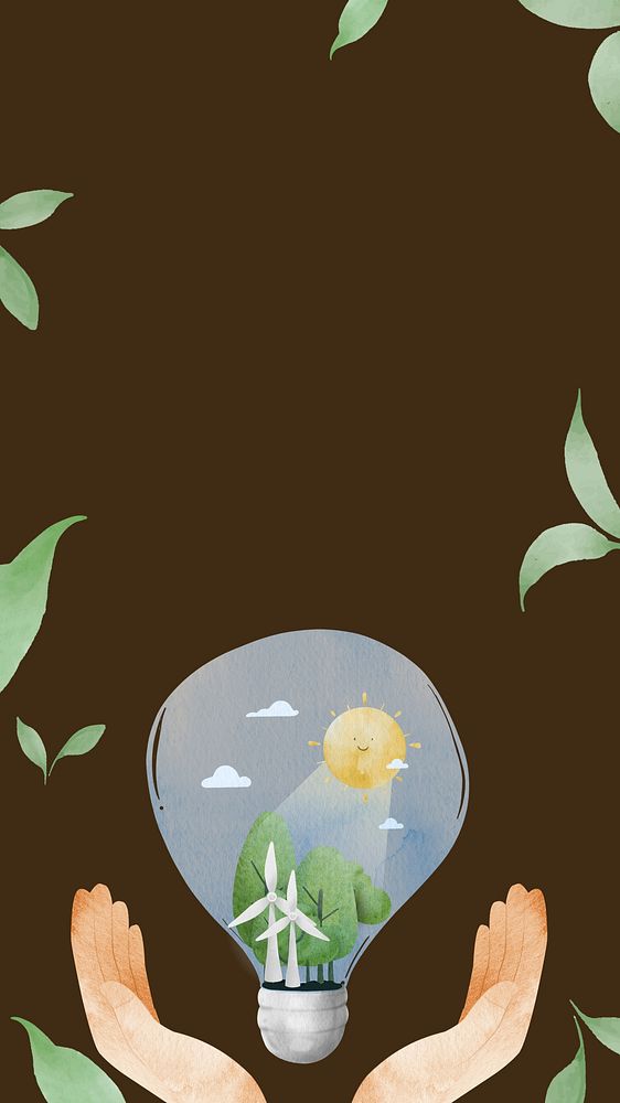 Think green mobile wallpaper, sustainable watercolor design, brown background