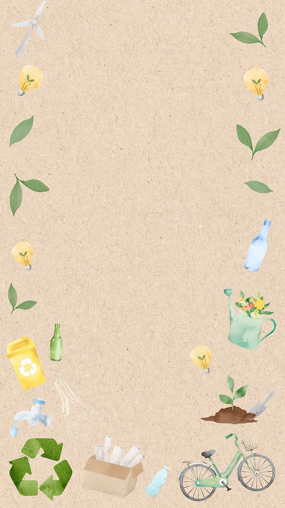 Eco-friendly lifestyle iPhone wallpaper, environment frame, paper texture & watercolor illustration