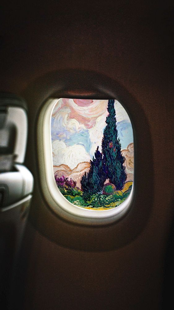 Plane window iPhone wallpaper, Van Gogh's landscape. Remixed by rawpixel.