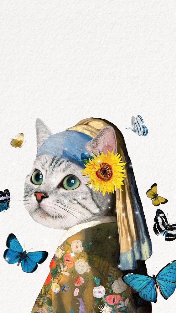 Cat with pearl earring iPhone wallpaper. Remixed by rawpixel.